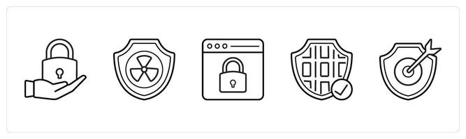 A set of 5 security icons such as privacy, nuclear protection in black line color vector