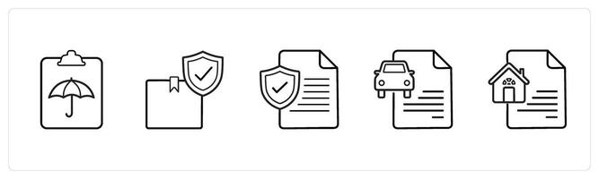 A set of 5 insurance icons such as insurance policy document, package insurance in black line color vector