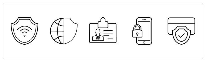 A set of 5 security icons such as secublack wifi, global security in black line color vector