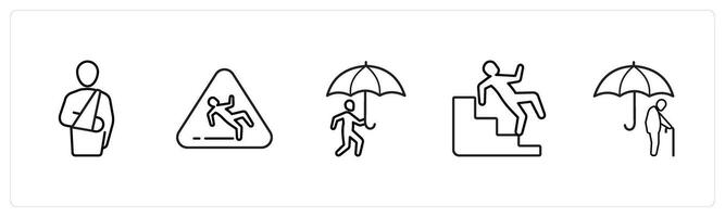 A set of 5 insurance icons such as insurance cover, accidental liability in black line color vector