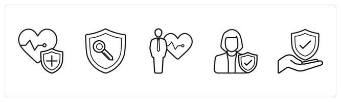 A set of 5 insurance icons such as health insurance, protection key in black line color vector