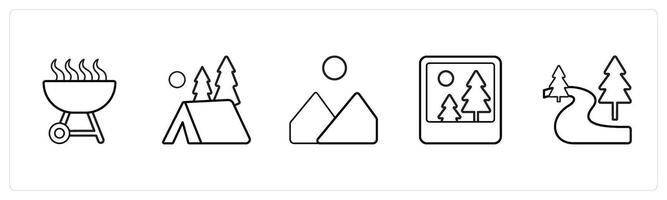 A set of 5 travel and vacation icons such as barbecue, camping, mountain in black line color vector