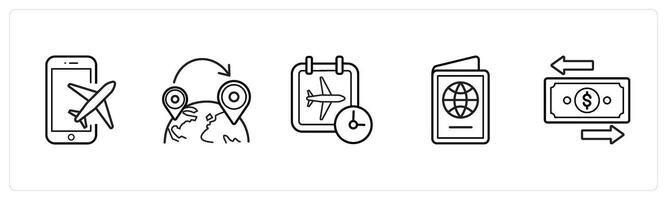 A set of 5 travel and vacation icons such as book flight, gps in black line color vector