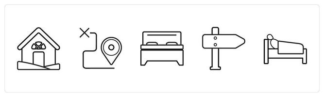 A set of 5 travel and vacation icons such as house, route, bed in black line color vector