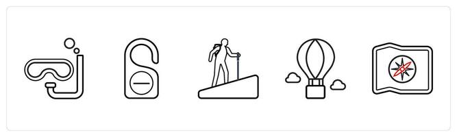 A set of 5 travel and vacation icons such as scuba, hotel lock, hiking in black line color vector