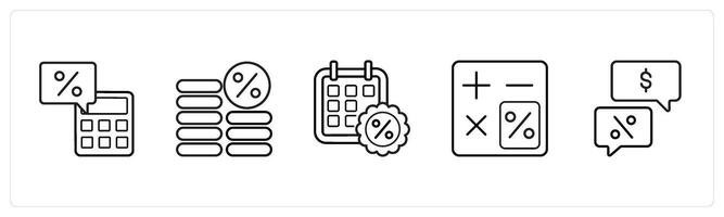 A set of 5 loan icons such as calculator, interest percent in black line color vector