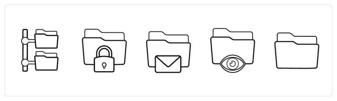 A set of 5 folder icons such as folder tree, secublack folder in black line color vector