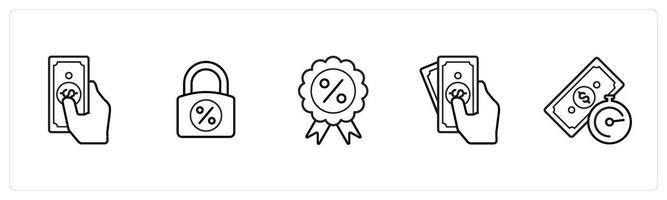 A set of 5 loan icons such as cash, fixed interest rate in black line color vector