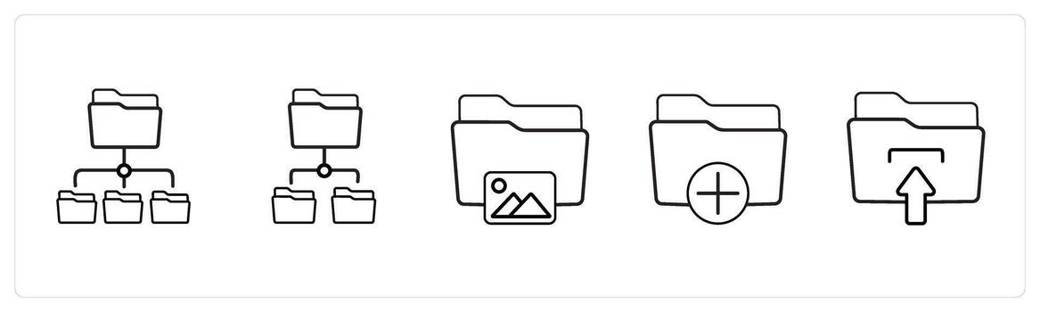 A set of 5 folder icons such as subfolder, image folder in black line color vector
