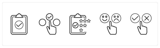 A set of 5 survey and ratings icons such as checklist, choice, rating in black line color vector