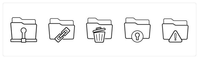 A set of 5 folder icons such as personal folder, link folder in black line color vector