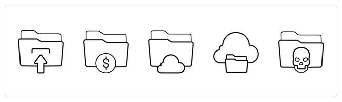 A set of 5 folder icons such as folder upload, finance folder in black line color vector