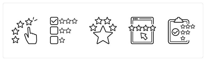 A set of 5 survey and ratings icons such as star rating, premium rating in black line color vector