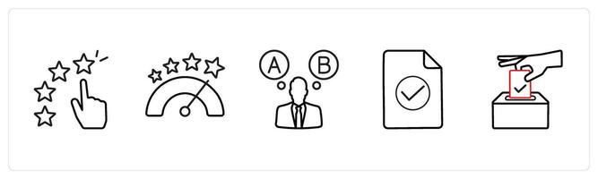 A set of 5 survey and ratings icons such as star rating, evaluation in black line color vector
