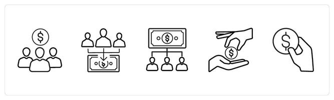 A set of 5 crowdfundind and donation icons such as investors, investment, finance in black line color vector