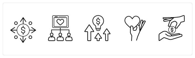 A set of 5 crowdfundind and donation icons such as money flow, donors, donators in black line color vector