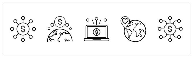 A set of 5 crowdfundind and donation icons such as fundraising network, global funding in black line color vector