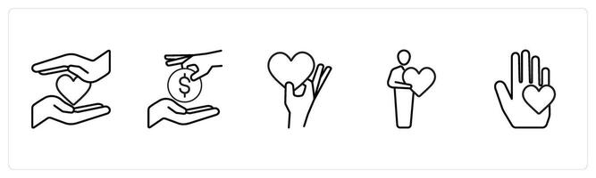 A set of 5 crowdfundind and donation icons such as donation, charity, donate in black line color vector