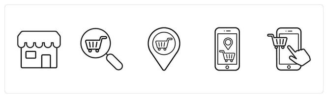 A set of 5 ecommerce and shopping icons such as store, find store, store locator in black line color vector