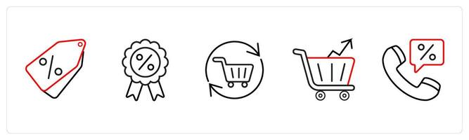 A set of 5 ecommerce and shopping icons such as discount, discount label in black line color vector