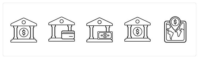 A set of 5 ecommerce and shopping icons such as finance bank, bank wallet in black line color vector