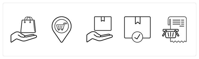 A set of 5 ecommerce and shopping icons such as offers, store locator, save bookmark in black line color vector