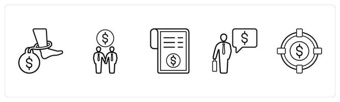A set of 5 ecommerce and shopping icons such as debt, partnership, invoice in black line color vector