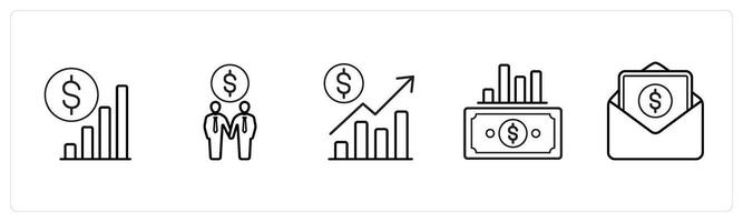A set of 5 ecommerce and shopping icons such as growth analysis, partnership in black line color vector