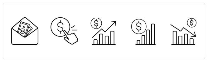 A set of 5 ecommerce and shopping icons such as email funds, pay per click in black line color vector