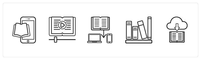 A set of 5 online education icons such as ebook, data share in black line color vector