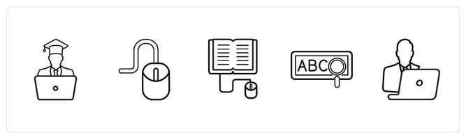 A set of 5 online education icons such as student, mouse, online study in black line color vector