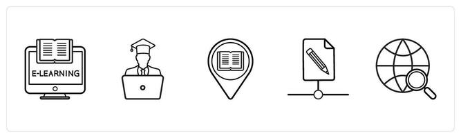 A set of 5 online education icons such as e learning, study, locate university in black line color vector