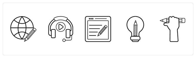 A set of 5 online education icons such as global learning, music in black line color vector