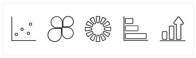 A set of 5 diagram and report icons such as bar chart, flower chart in black line color vector