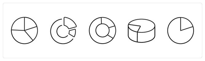 A set of 5 diagram and report icons such as pie chart, chart, graph in black line color vector