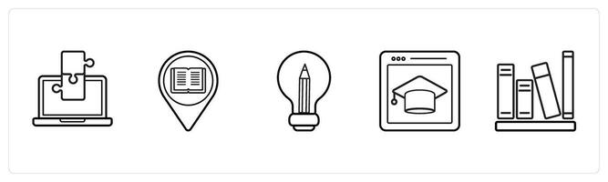 A set of 5 online education icons such as puzzle, locate university in black line color vector