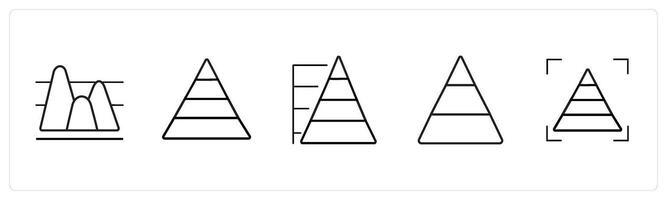 A set of 5 diagram and report icons such as analysis, pyramid, triangle in black line color vector
