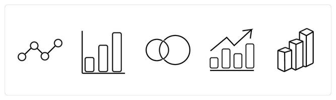 A set of 5 diagram and report icons such as statistics, bars, infographic circles in black line color vector