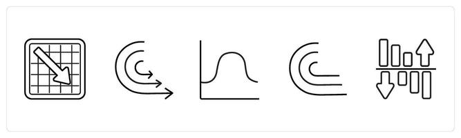 A set of 5 diagram and report icons such as stock market loss, comparison in black line color vector