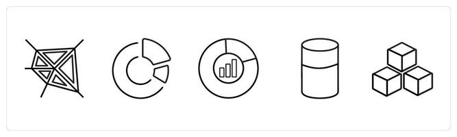 A set of 5 diagram and report icons such as pentagon, pie chart in black line color vector