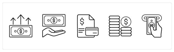 A set of 5 finance and money icons such as earnings, finance, card receipt in black line color vector