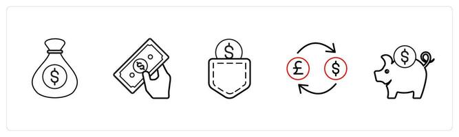 A set of 5 human resource icons such as funds, cash, commission in black line color vector