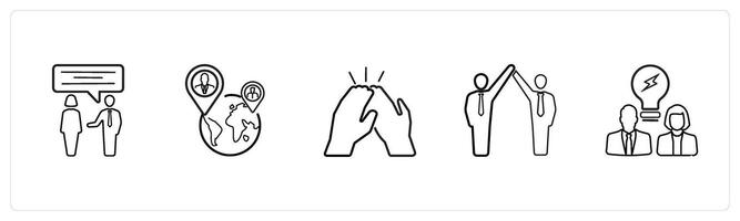communication, international team in black line color vector