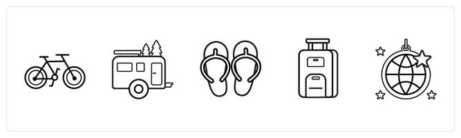 bicycle, camping, slipper in black line color vector