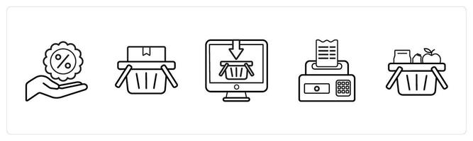 discount, cart, online cart in black line color vector