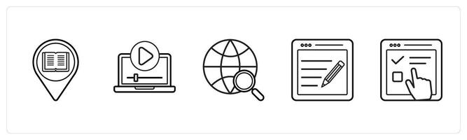 locate university, online lecture in black line color vector