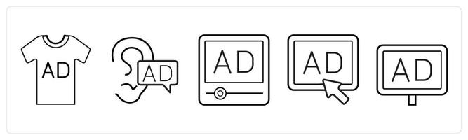 A set of 5 Ads and marketing icons as product ad, viral ad, advertisement in black line color vector