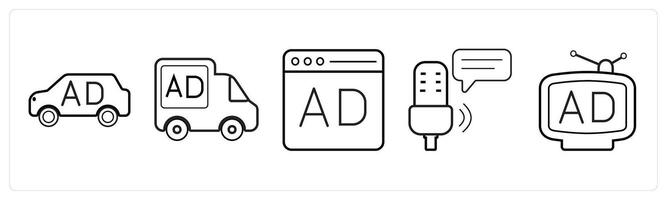 A set of 5 Ads and marketing icons as advertising car, road advertisement, website ad in black line color vector