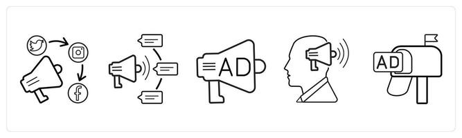 A set of 5 Ads and marketing icons as promotion media, promotion method, media in black line color vector