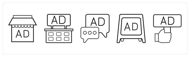 A set of 5 Ads and marketing icons as advertisement store, ad baord, advertisement in black line color vector